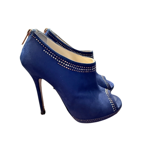 Jimmy Choo 8.5 Blue Suede  $995 Glint PeepToe Booties Studded Heels Sapphire BOX - Picture 4 of 9